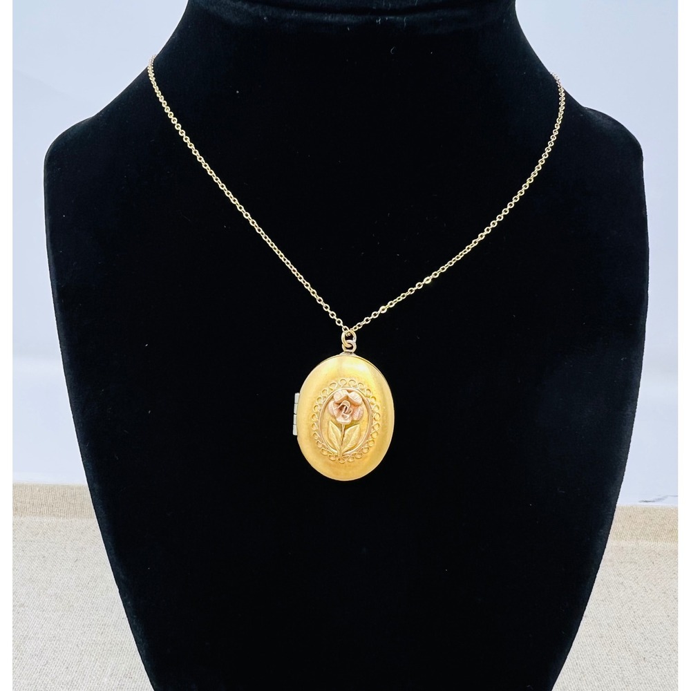 Vintage Krementz Gold Filled Two Tone Rose Floral Oval Locket Necklace